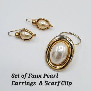 Set of Vintage Faux Pearl Gold-Tone Pierced Earrings & Scarf Clip
